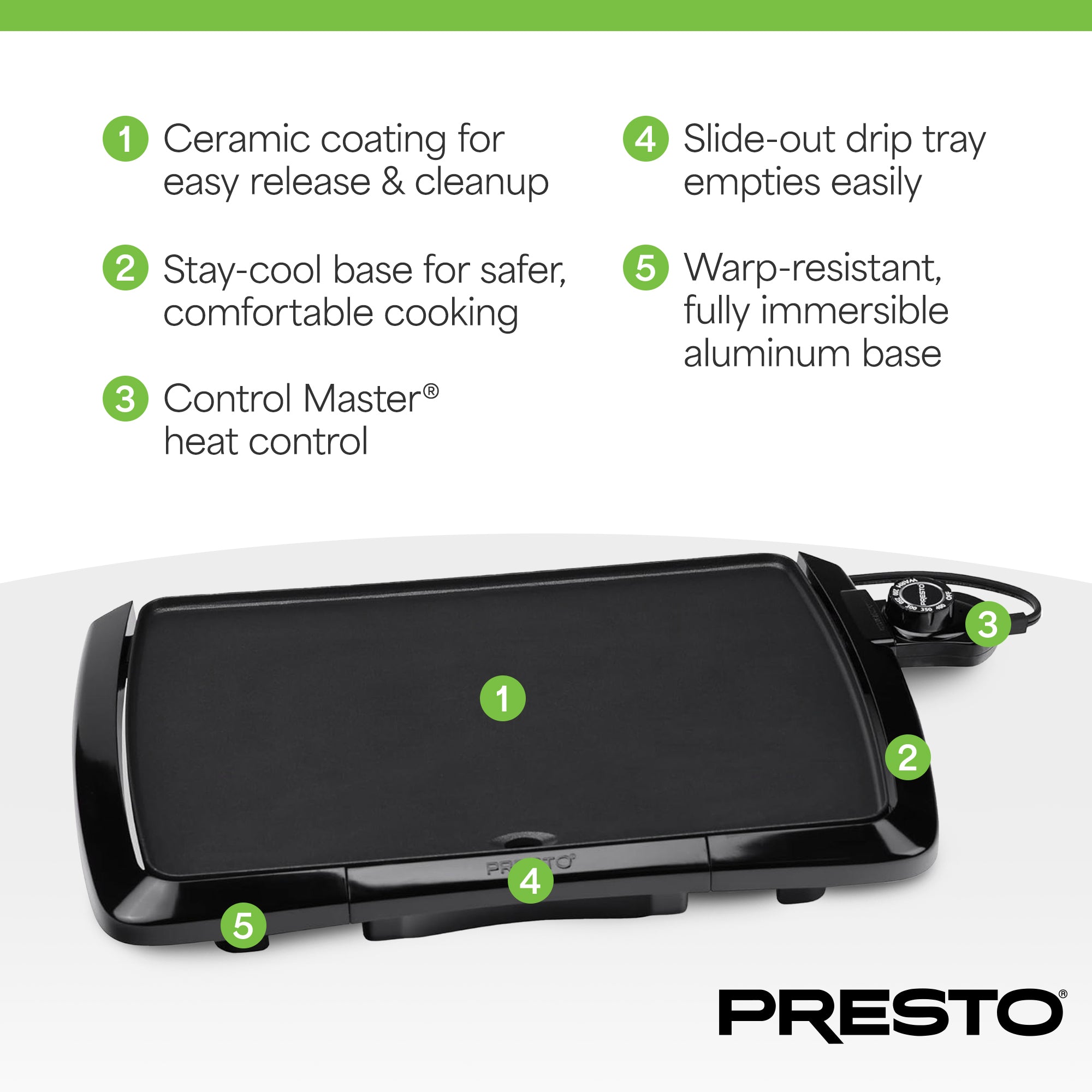 Presto Cool-Touch Electric Griddle, 10.5" x 16" Ceramic Nonstick Flat Top Grill (Used)