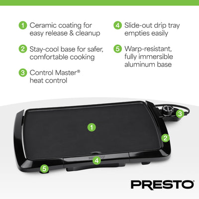 Presto Cool-Touch Electric Griddle, 10.5" x 16" Ceramic Nonstick Flat Top Grill (Used)