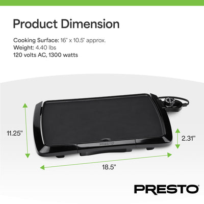 Presto Cool-Touch Electric Griddle, 10.5" x 16" Ceramic Nonstick Flat Top Grill (Used)