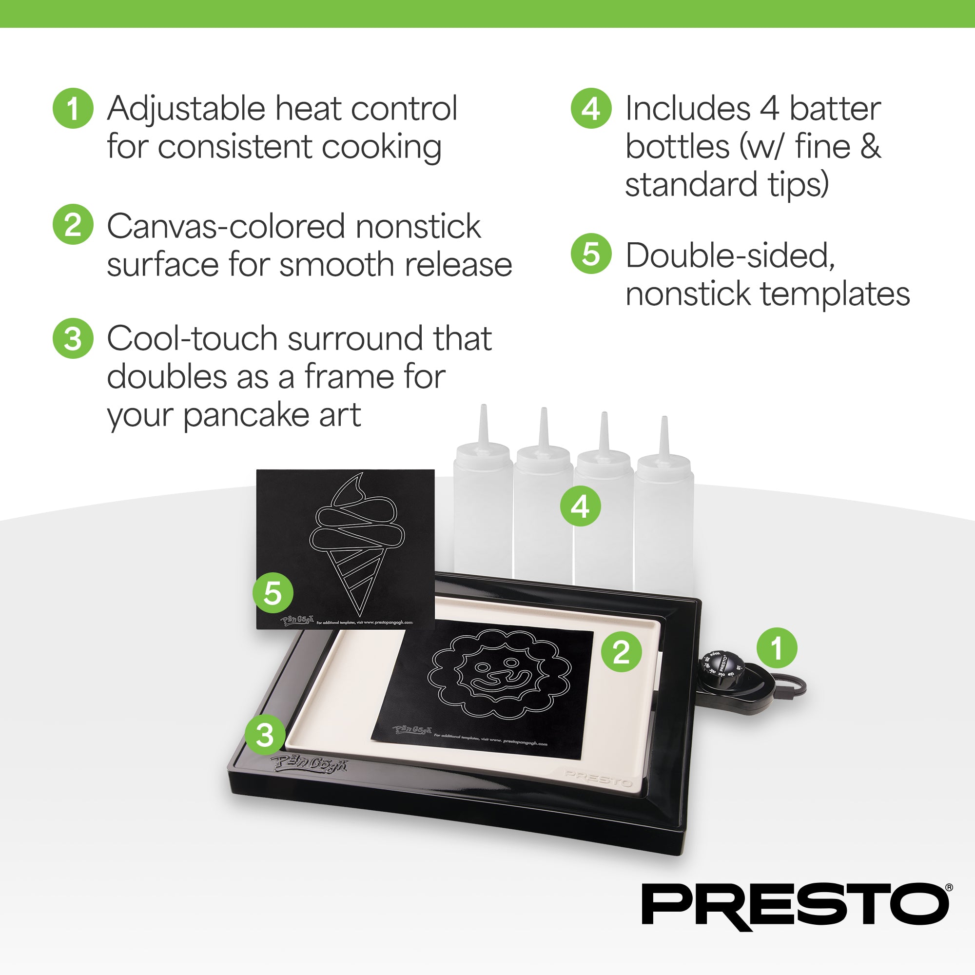 Presto PanGogh Electric Griddle w/ Batter Bottles & Template, Nonstick Flat Top - VMInnovations