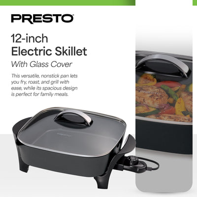 Presto 12In Electric Skillet w Glass Cover, Nonstick Multi-Use Pan, (Open Box)
