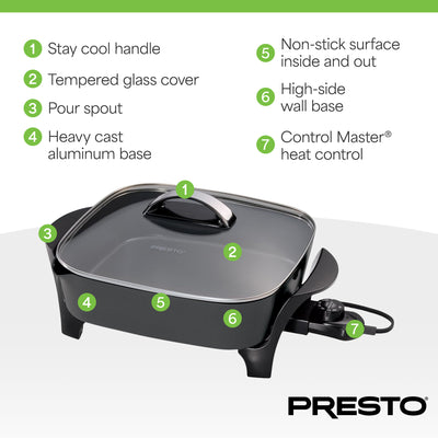 Presto 12In Electric Skillet w Glass Cover, Nonstick Multi-Use Pan, (Open Box)