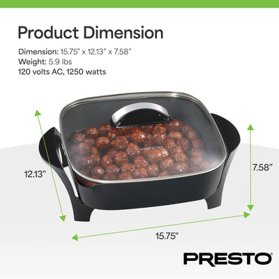 Presto 12In Electric Skillet w Glass Cover, Nonstick Multi-Use Pan, (Open Box)
