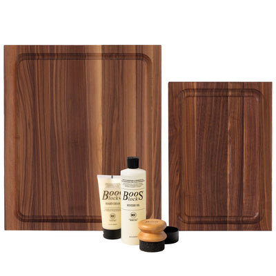 John Boos Walnut 18" x 12" and 17" x 21" Carving Boards with 3 Piece Care Set