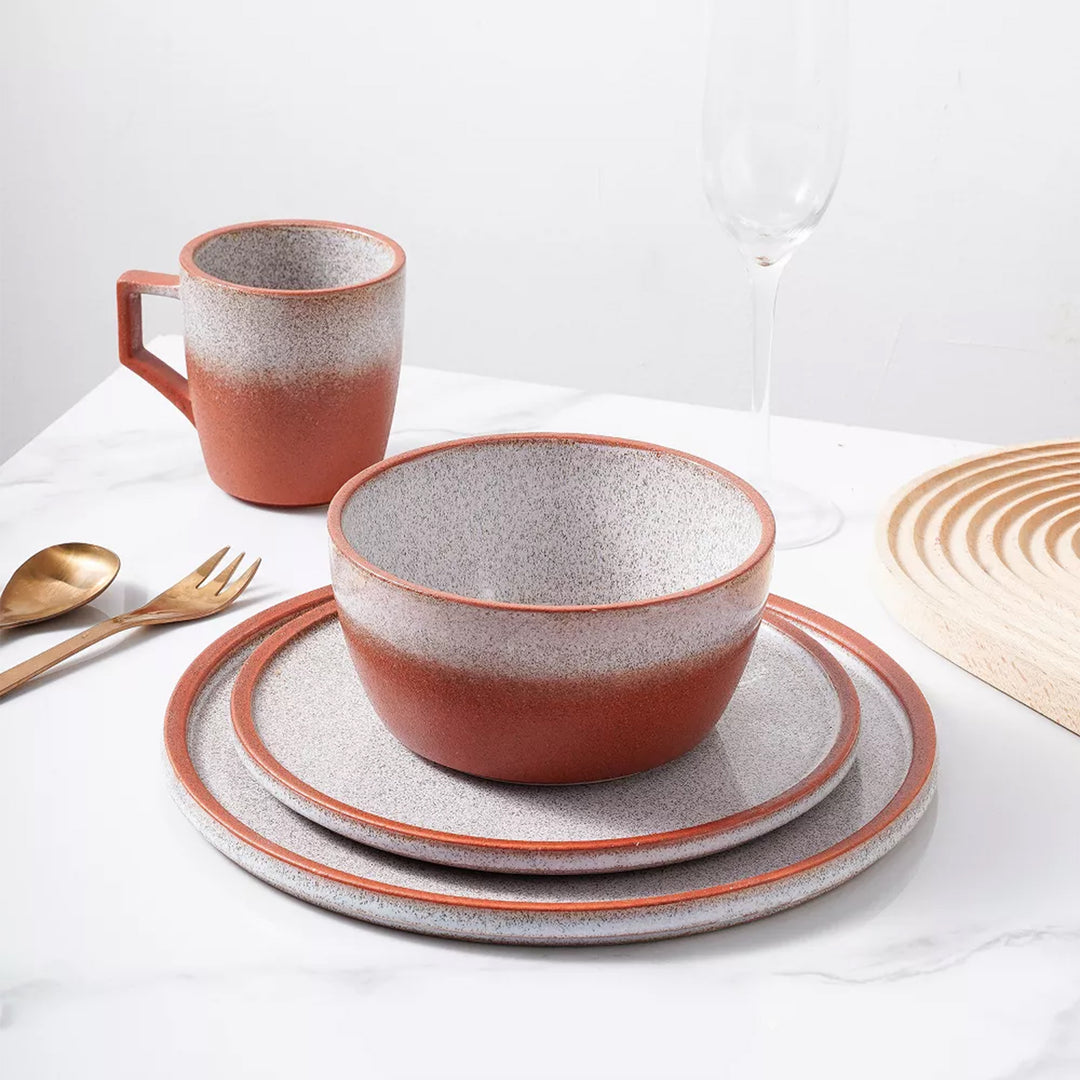 Stone Lain Vince Stoneware 16 Piece Dinnerware Set, Service for 4, Red and White