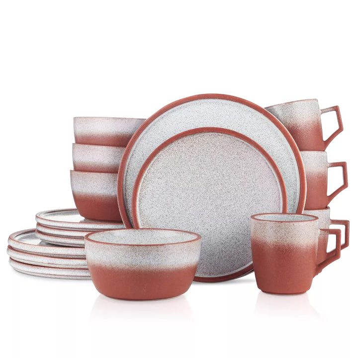 Stone Lain Vince Stoneware 16 Piece Dinnerware Set, Service for 4, Red and White