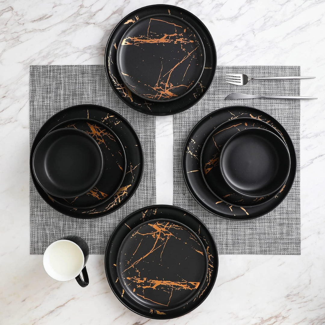 Stone Lain Zora Porcelain 4 Piece Salad Dinner Plate Set, Serving Dishes, Black