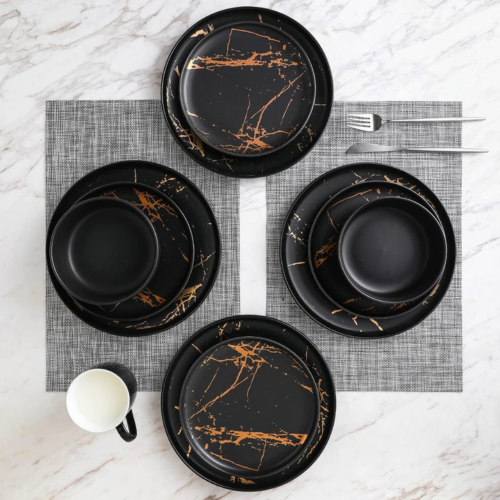 Stone Lain Zora Porcelain 4 Piece Salad Dinner Plate Set, Serving Dishes, Black
