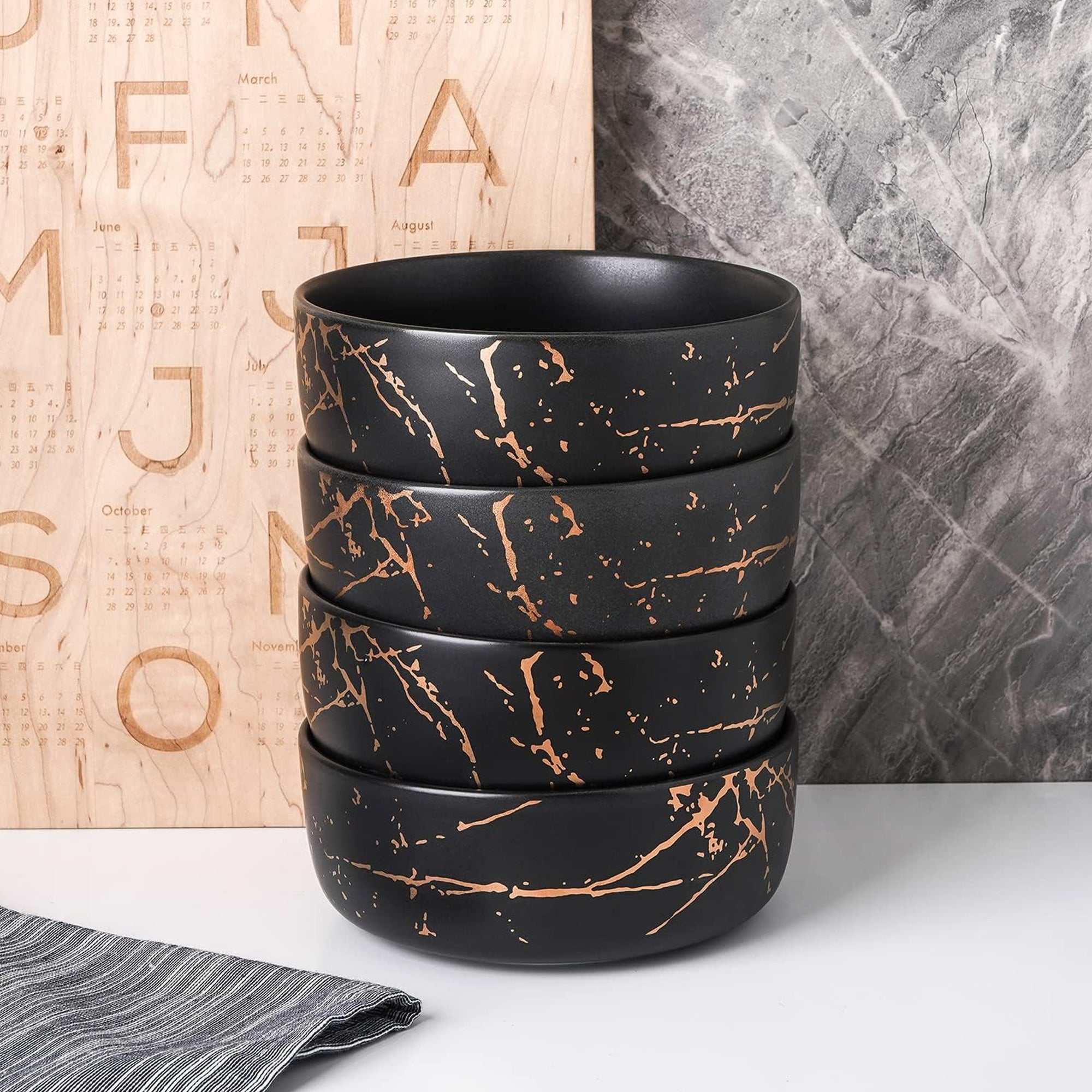 Stone Lain Zora Porcelain 4 Piece Bowl Set, Soup or Salad Serving Dishes, Black - VMInnovations