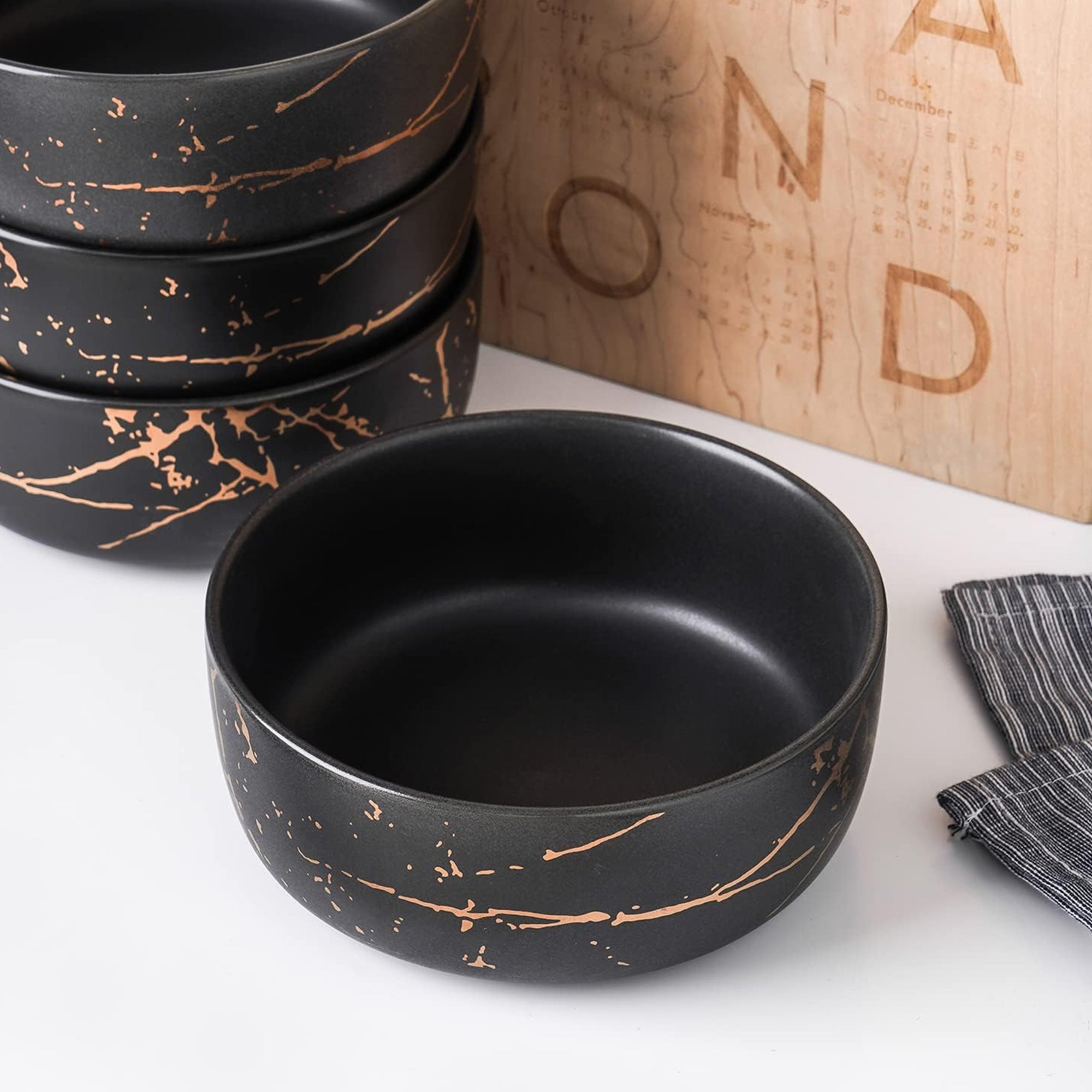 Stone Lain Zora Porcelain 4 Piece Bowl Set, Soup or Salad Serving Dishes, Black - VMInnovations