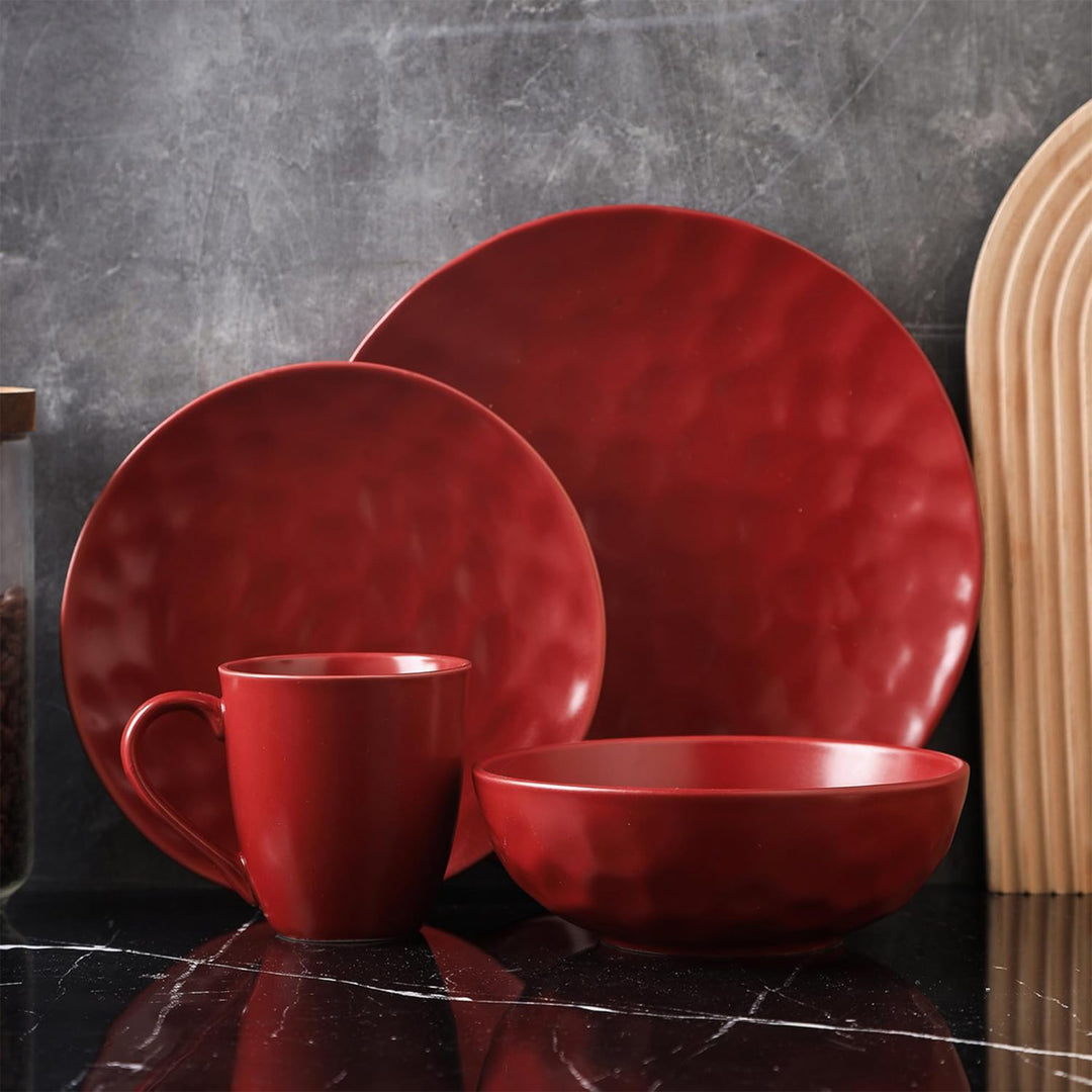 Stone Lain Sam Porcelain 16 Piece Dinnerware Set, Dish Set w/Service for 4, Red
