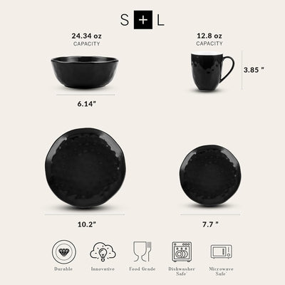 Stone Lain Ivy Stoneware 24 Piece Dinnerware Set, Service for 6, Black(Open Box) - VMInnovations