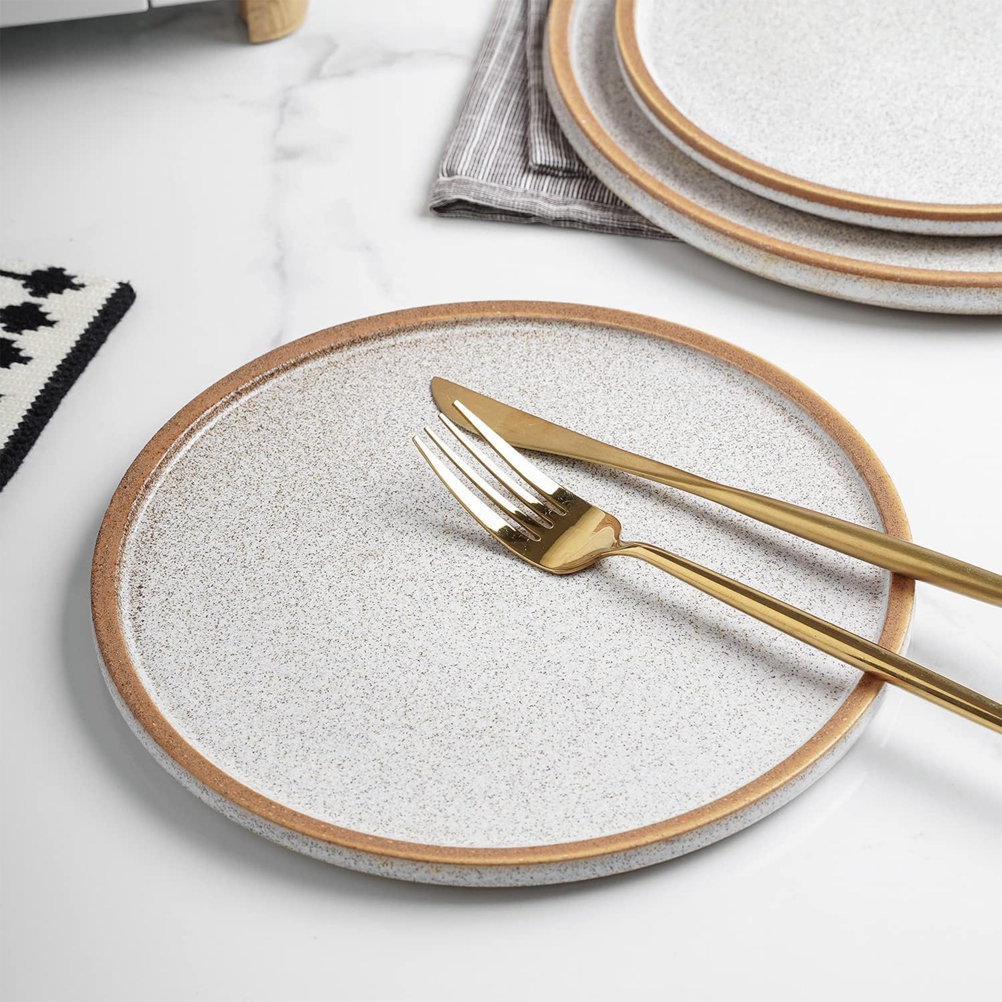 Stone Lain 4 Piece Vince Rustic Stoneware 11" Dinner Plate Set, Brown and White - VMInnovations