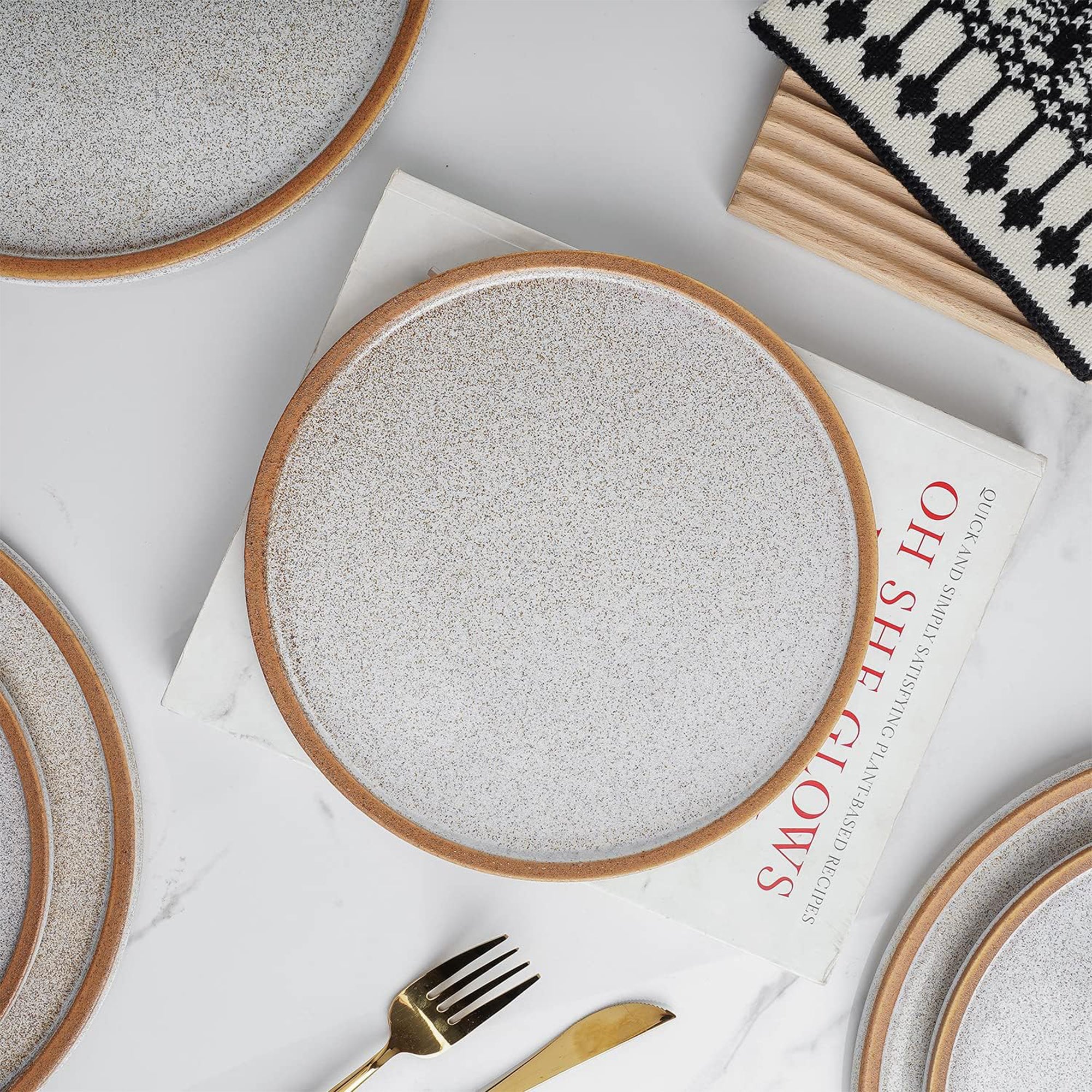 Stone Lain 4 Piece Vince Rustic Stoneware 11" Dinner Plate Set, Brown and White - VMInnovations