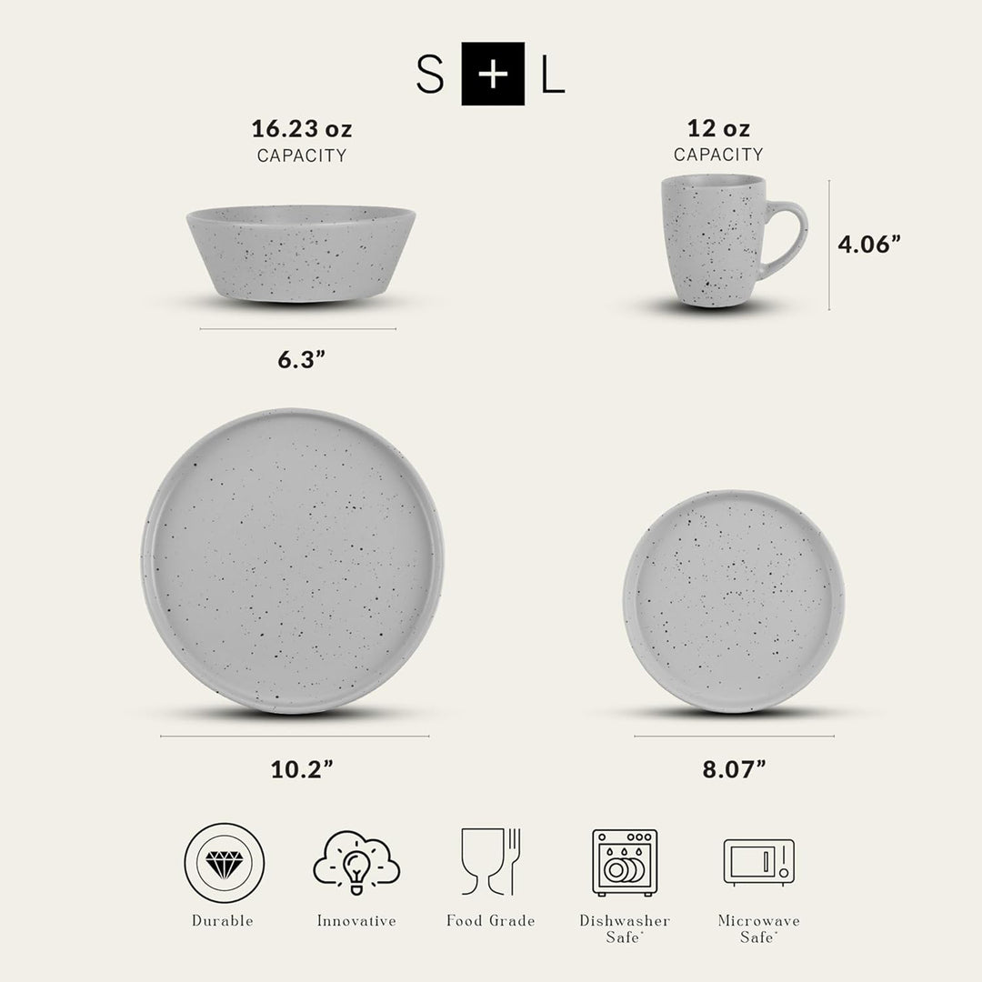 Stone Lain Jade Stoneware 16 Piece Dinnerware Set, Service for 4, Light Grey