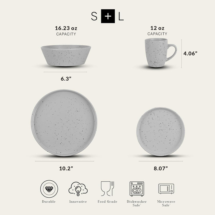 Stone Lain Jade Stoneware 16 Piece Dinnerware Set, Service for 4, Light Grey