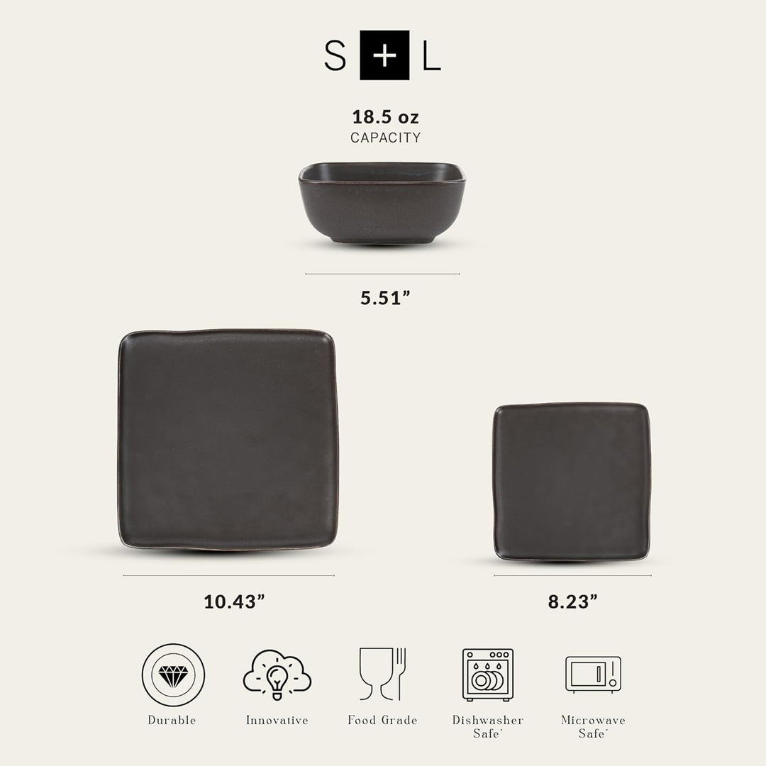 Stone Lain Jonny Stoneware 12 Piece Dinnerware, Dish Set w/Service for 4, Brown