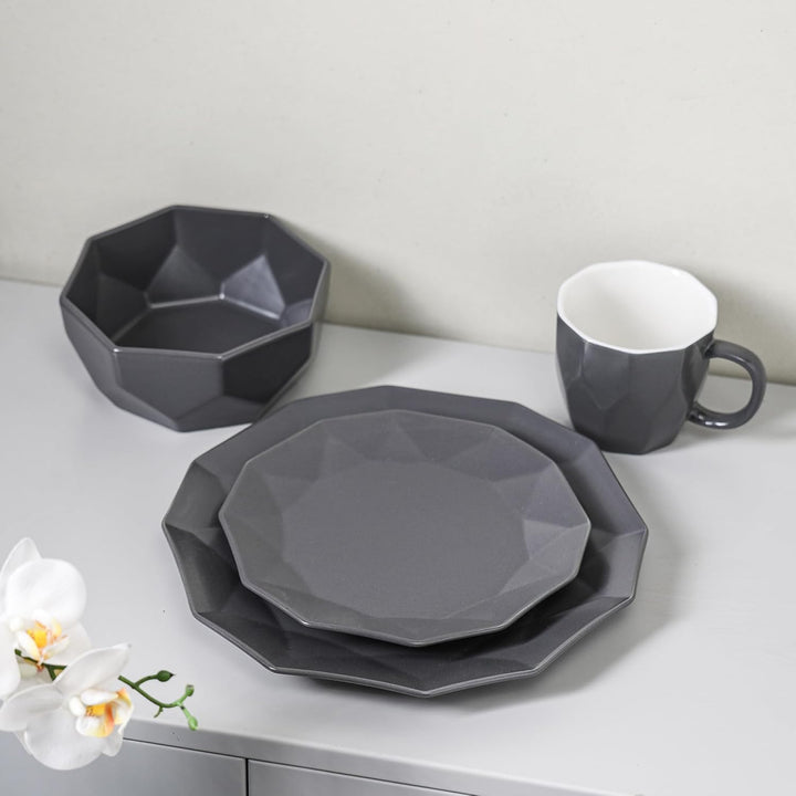 Stone Lain Jamie Informal Porcelain 16-Piece Geometric Dinnerware Set, Grey