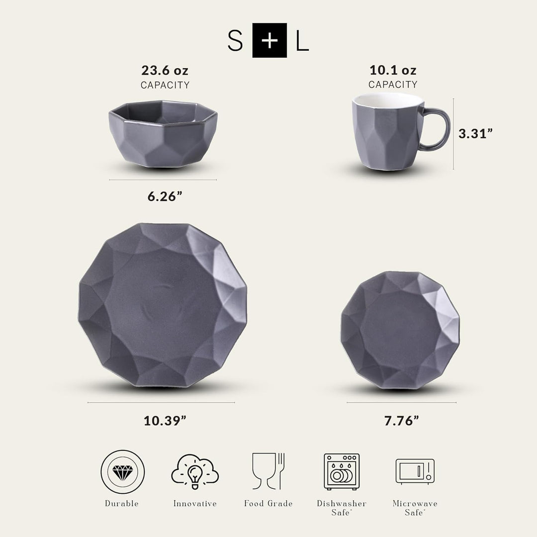 Stone Lain Jamie Informal Porcelain 16-Piece Geometric Dinnerware Set, Grey