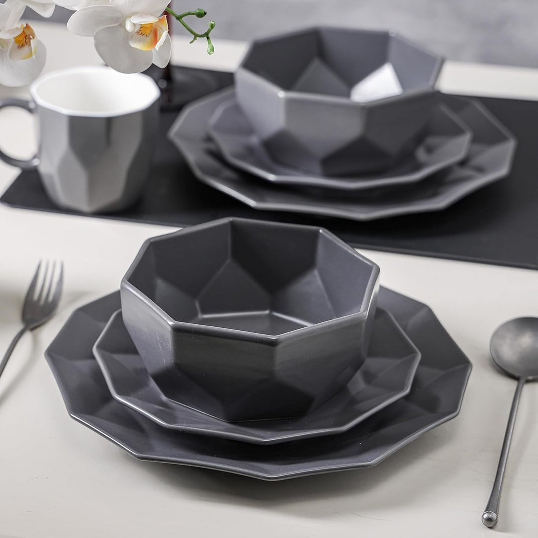 Stone Lain Jamie Informal Porcelain 16-Piece Geometric Dinnerware Set, Grey