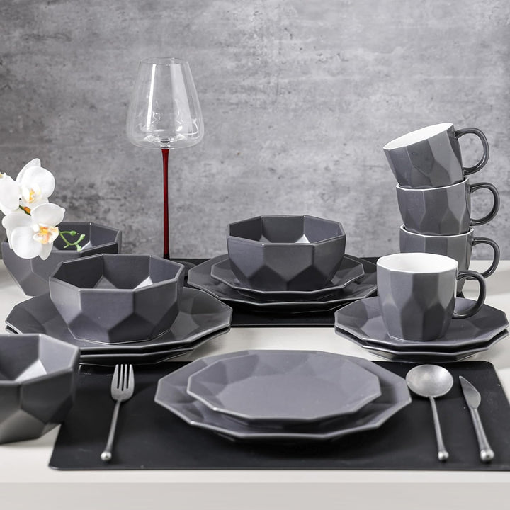 Stone Lain Jamie Informal Porcelain 16-Piece Geometric Dinnerware Set, Grey