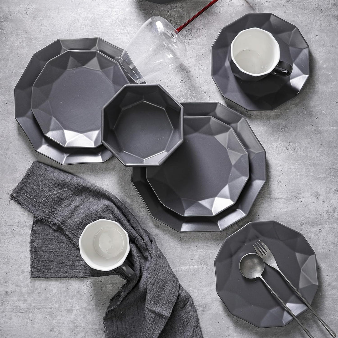 Stone Lain Jamie Informal Porcelain 16-Piece Geometric Dinnerware Set, Grey