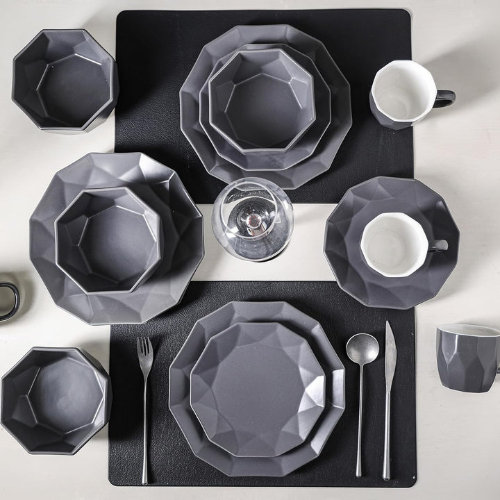 Stone Lain Jamie Informal Porcelain 16-Piece Geometric Dinnerware Set, Grey