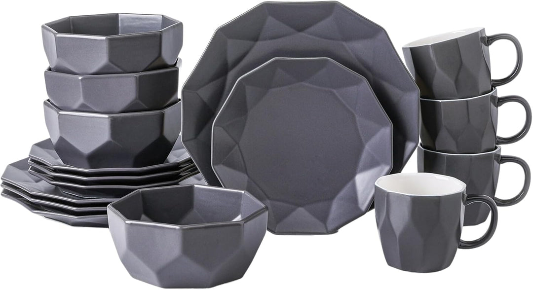 Stone Lain Jamie Informal Porcelain 16-Piece Geometric Dinnerware Set, Grey