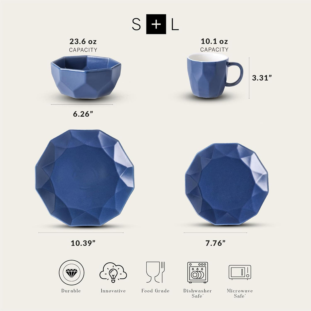Stone Lain Jamie Informal Porcelain 16-Piece Geometric Dinnerware Set, Blue