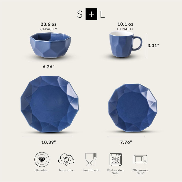 Stone Lain Jamie Informal Porcelain 16-Piece Geometric Dinnerware Set, Blue