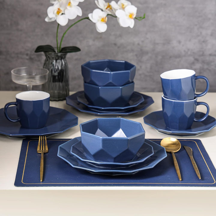 Stone Lain Jamie Informal Porcelain 16-Piece Geometric Dinnerware Set, Blue