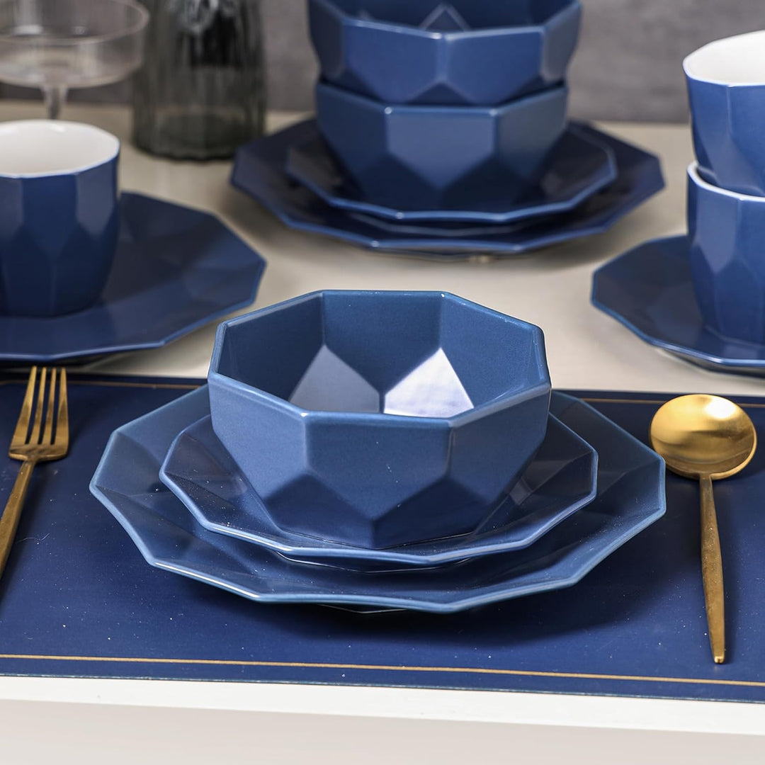 Stone Lain Jamie Informal Porcelain 16-Piece Geometric Dinnerware Set, Blue