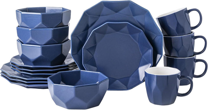 Stone Lain Jamie Informal Porcelain 16-Piece Geometric Dinnerware Set, Blue