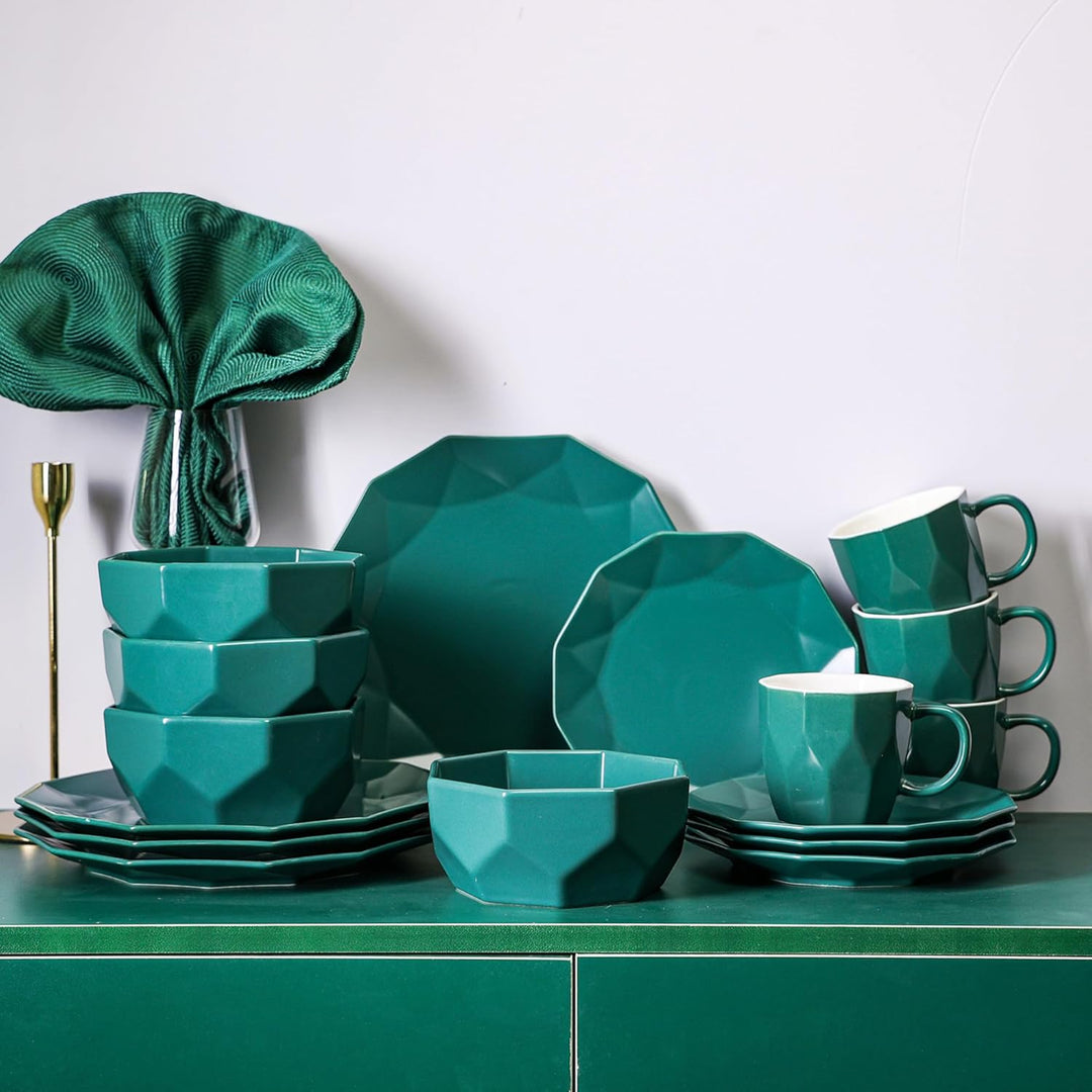 Stone Lain Jamie Informal Porcelain 16-Piece Geometric Dinnerware Set, Green