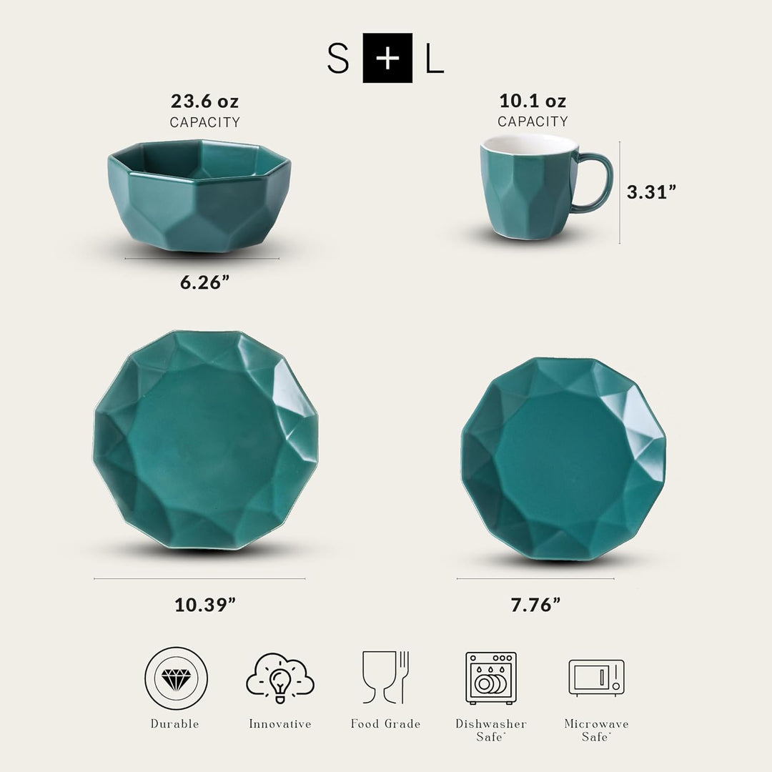 Stone Lain Jamie Informal Porcelain 16-Piece Geometric Dinnerware Set, Green