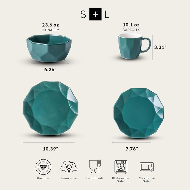 Stone Lain Jamie Informal Porcelain 16-Piece Geometric Dinnerware Set, Green