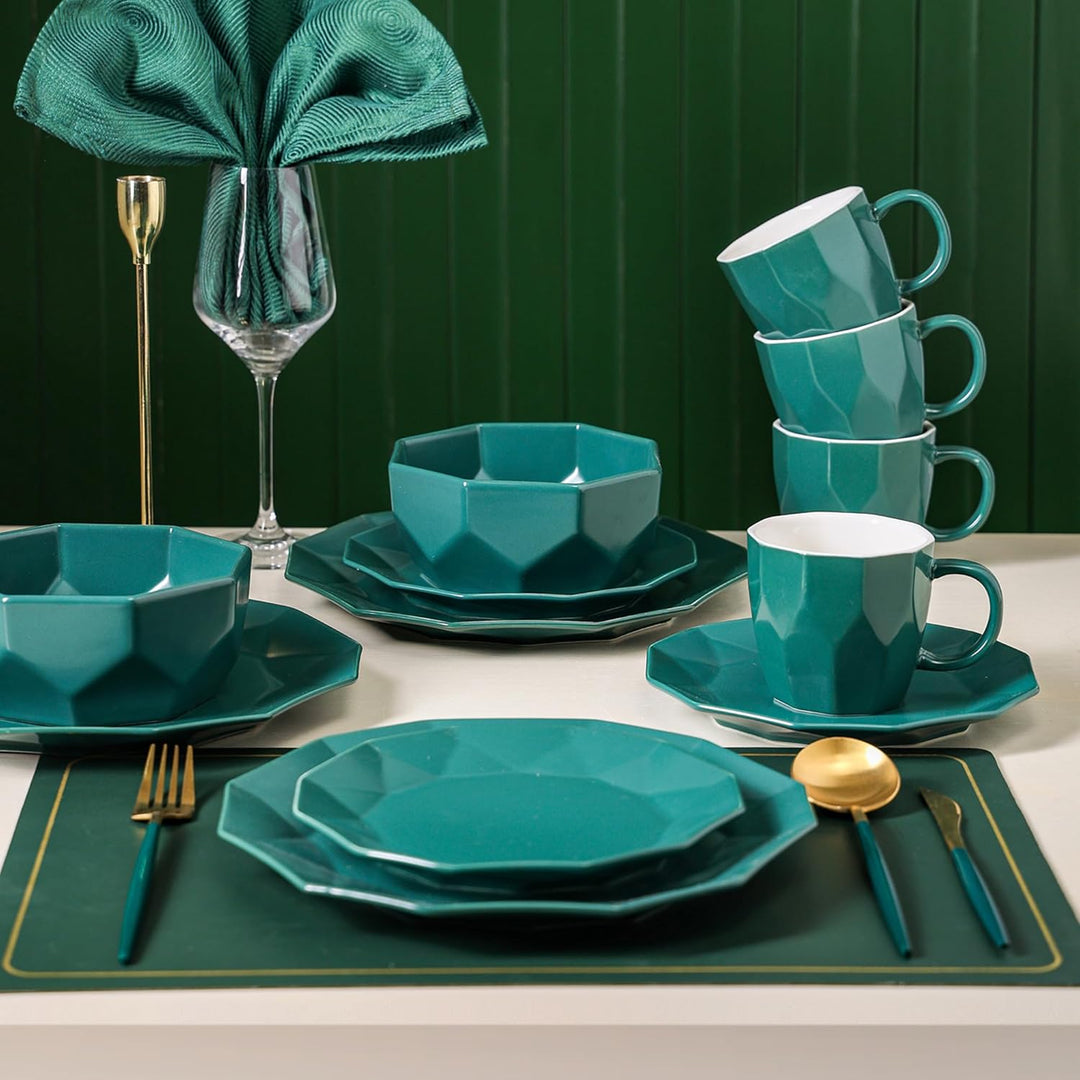 Stone Lain Jamie Informal Porcelain 16-Piece Geometric Dinnerware Set, Green