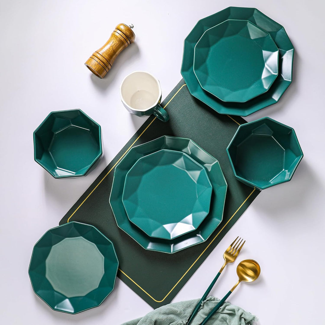 Stone Lain Jamie Informal Porcelain 16-Piece Geometric Dinnerware Set, Green