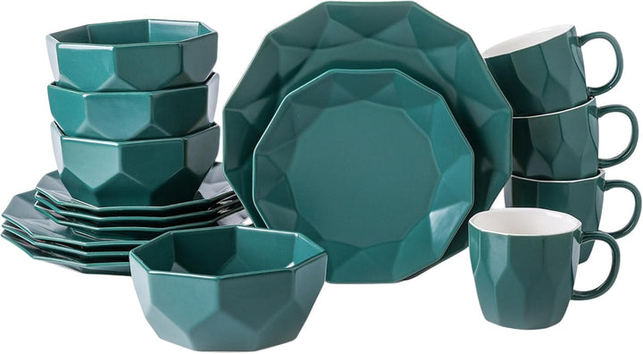 Stone Lain Jamie Informal Porcelain 16-Piece Geometric Dinnerware Set, Green