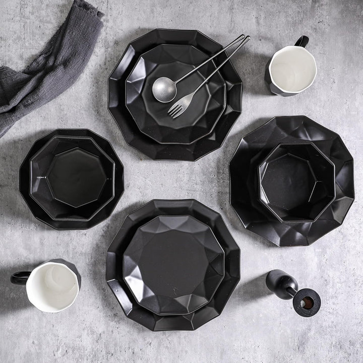 Stone Lain Jamie Informal Porcelain 16-Piece Geometric Dinnerware Set, Black