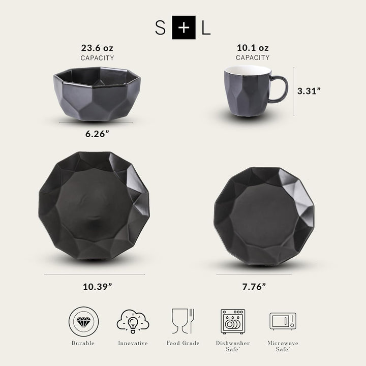 Stone Lain Jamie Informal Porcelain 16-Piece Geometric Dinnerware Set, Black