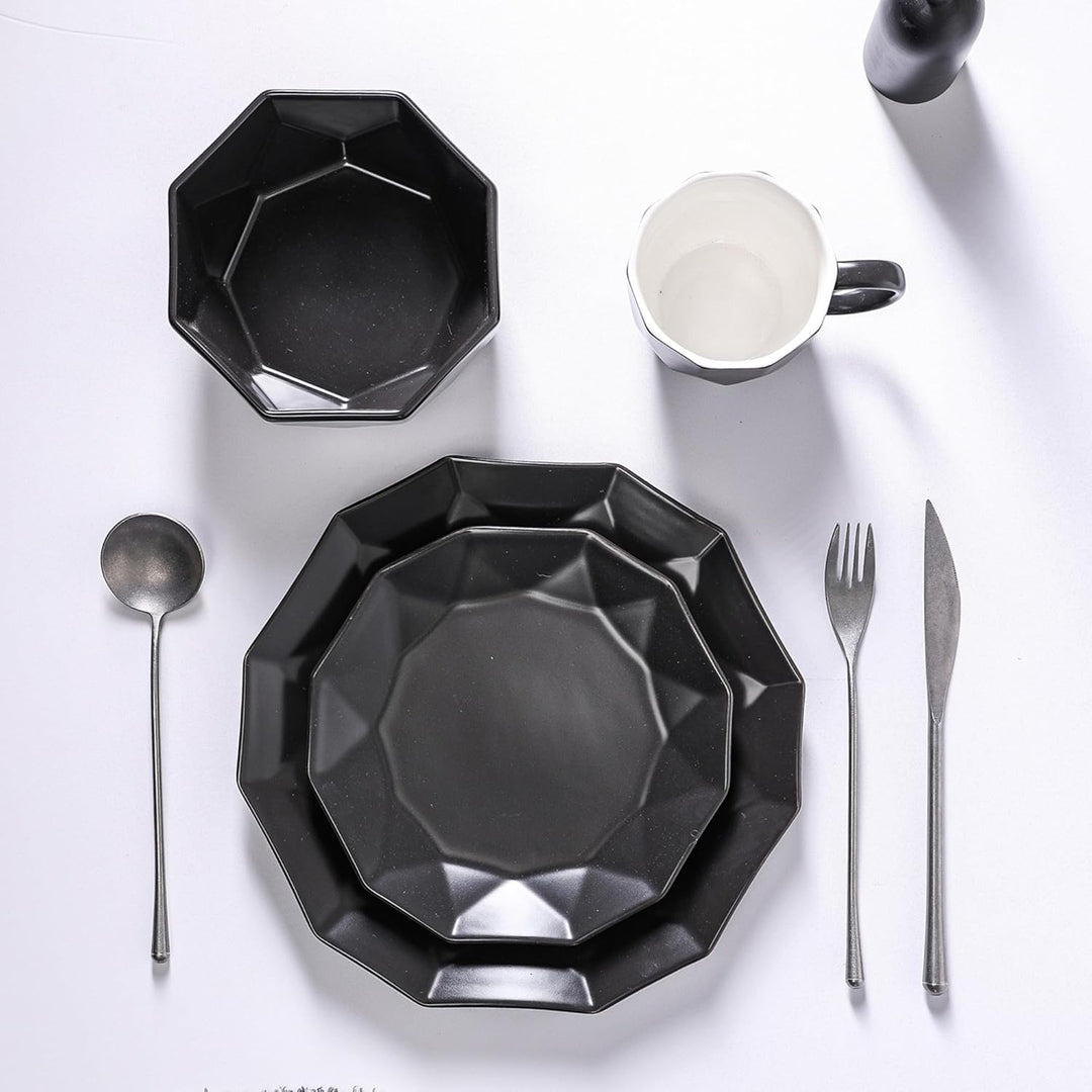 Stone Lain Jamie Informal Porcelain 16-Piece Geometric Dinnerware Set, Black