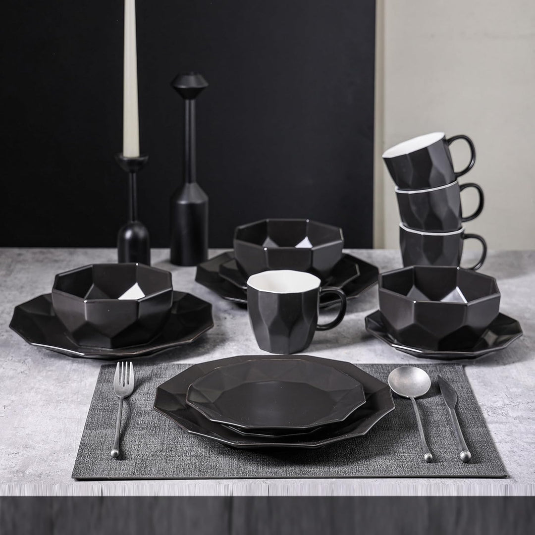 Stone Lain Jamie Informal Porcelain 16-Piece Geometric Dinnerware Set, Black
