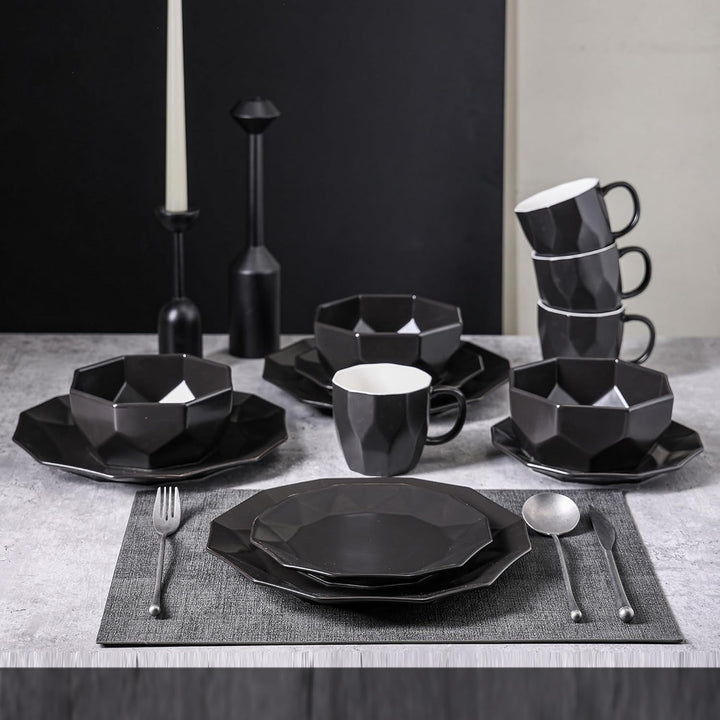 Stone Lain Jamie Informal Porcelain 16-Piece Geometric Dinnerware Set, Black