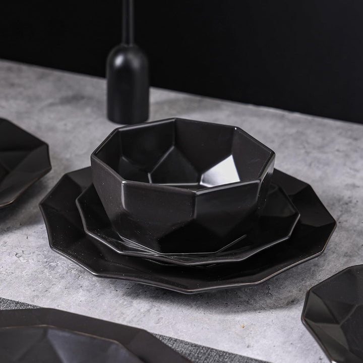 Stone Lain Jamie Informal Porcelain 16-Piece Geometric Dinnerware Set, Black