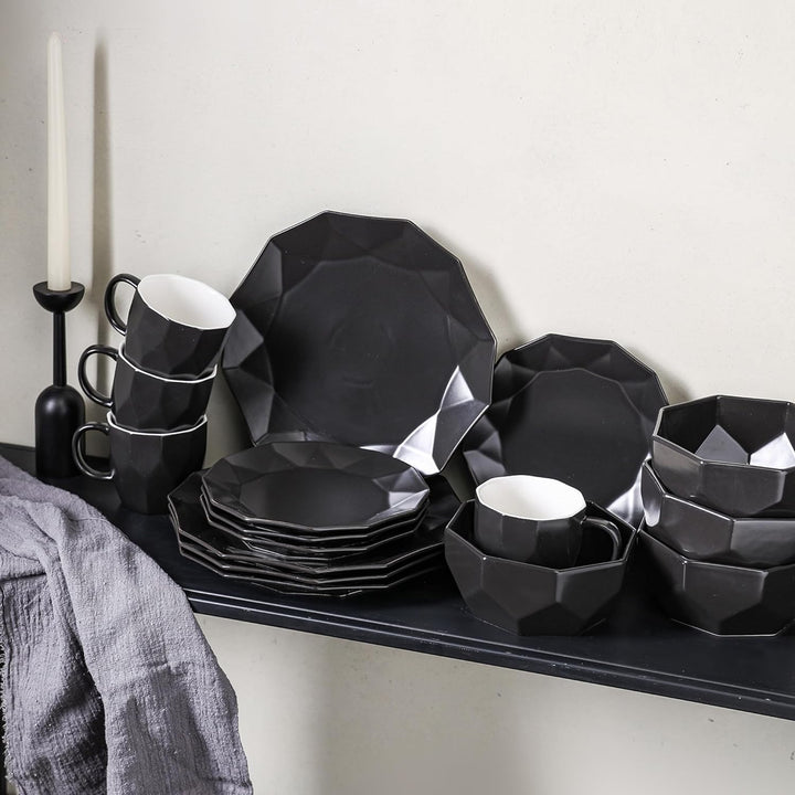 Stone Lain Jamie Informal Porcelain 16-Piece Geometric Dinnerware Set, Black