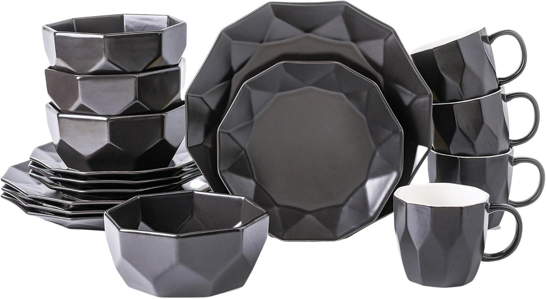 Stone Lain Jamie Informal Porcelain 16-Piece Geometric Dinnerware Set, Black