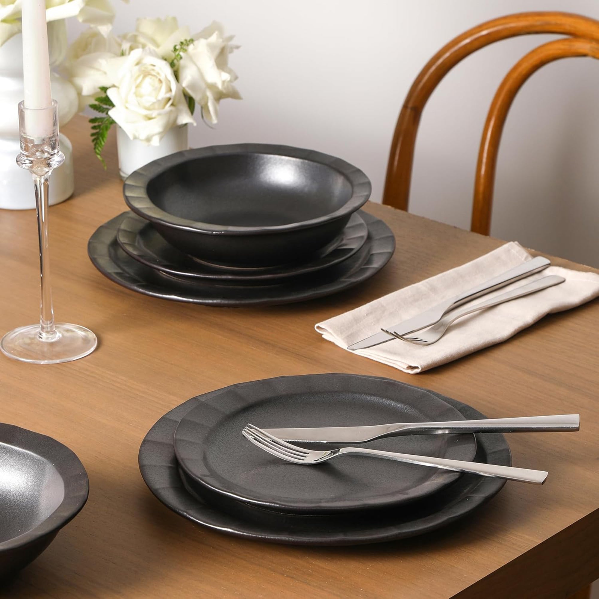 Stone Lain Oasis Stoneware 24 Piece Dinnerware Dish Set, Service for 8, Black - VMInnovations