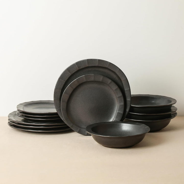 Stone Lain Oasis Stoneware 24 Piece Dinnerware Dish Set, Service for 8, Black