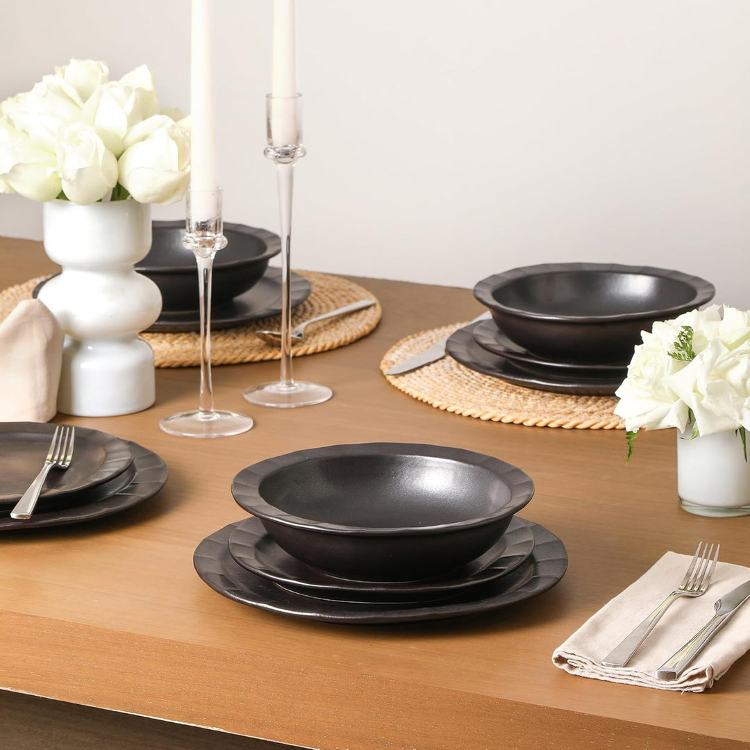 Stone Lain Oasis Stoneware 24 Piece Dinnerware Dish Set, Service for 8, Black